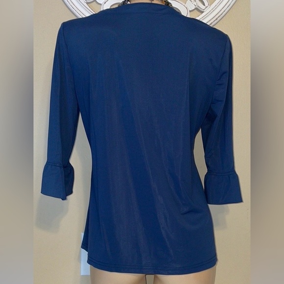 Aryeh womens blouse large 12 14 Navy Blue bell sleeve stretch business casual - Picture 4 of 7